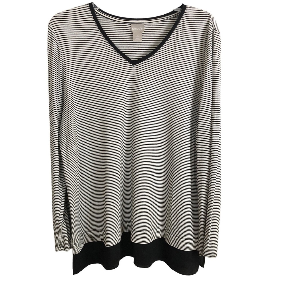 CHICO'S Striped Lagenlook Knit TOP Shirt 2 Large 12 Long Sleeve Black White